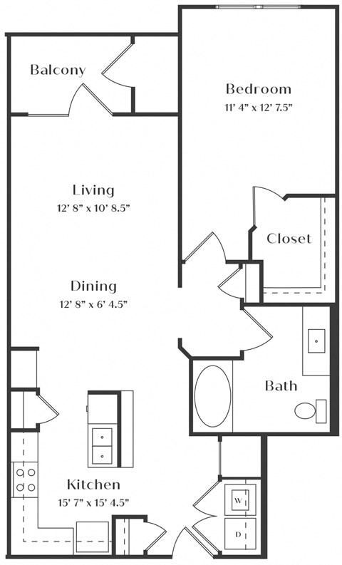Floor plan for 1 bed, 1 bath, 807 sqft